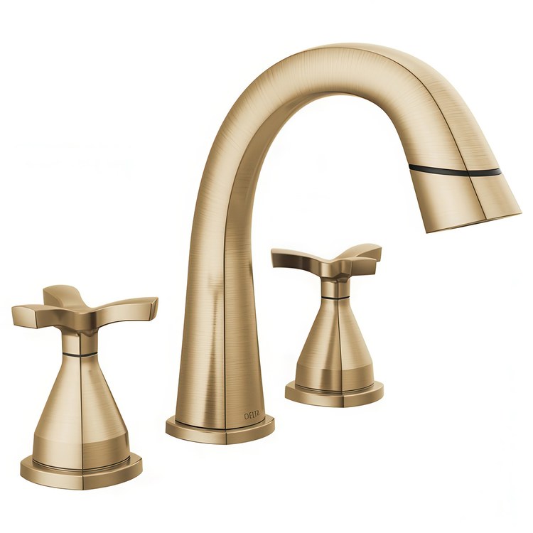 Lavatory Faucet Stryke Widespread 8 to 16 Inch Spread 2 Helo ADA WaterSense Lumicoat Champagne Bronze 1.2 Gallons per Minute Arc Pop-Up 3 Hole - Image 1