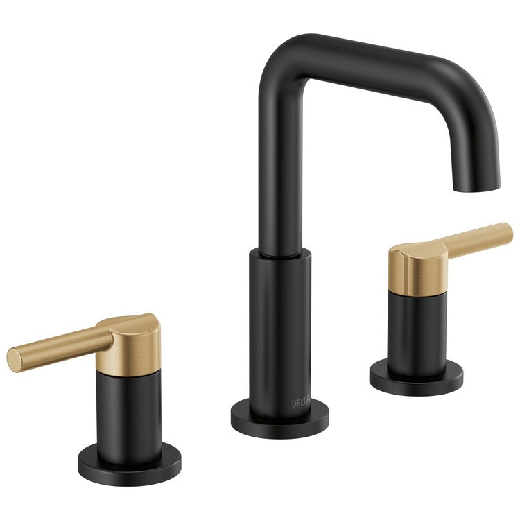 Lavatory Faucet Nicoli Widespread 6 to 16 Inch Spread 2 Lever ADA WaterSense Matte Black/Champagne Bronze 1.2 Gallons per Minute Deck Pop-Up 3 Hole - Image 1