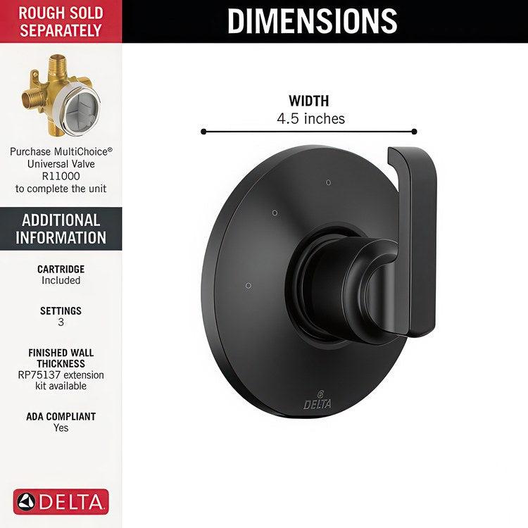Diverter Trim Tetra 3 Functions Matte Black 1 Lever ADA - Image 2
