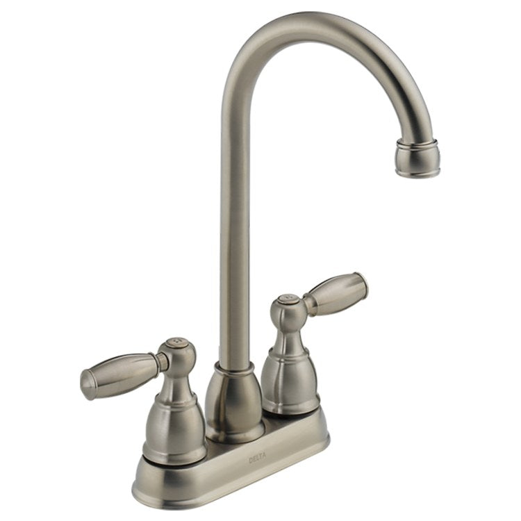 Bar Faucet Foundations 4 Inch Spread 2 Lever ADA Brilliance Stainless Pull Down Gooseneck 360 DEG Swivel 1.8 Gallons per Minute - Image 1