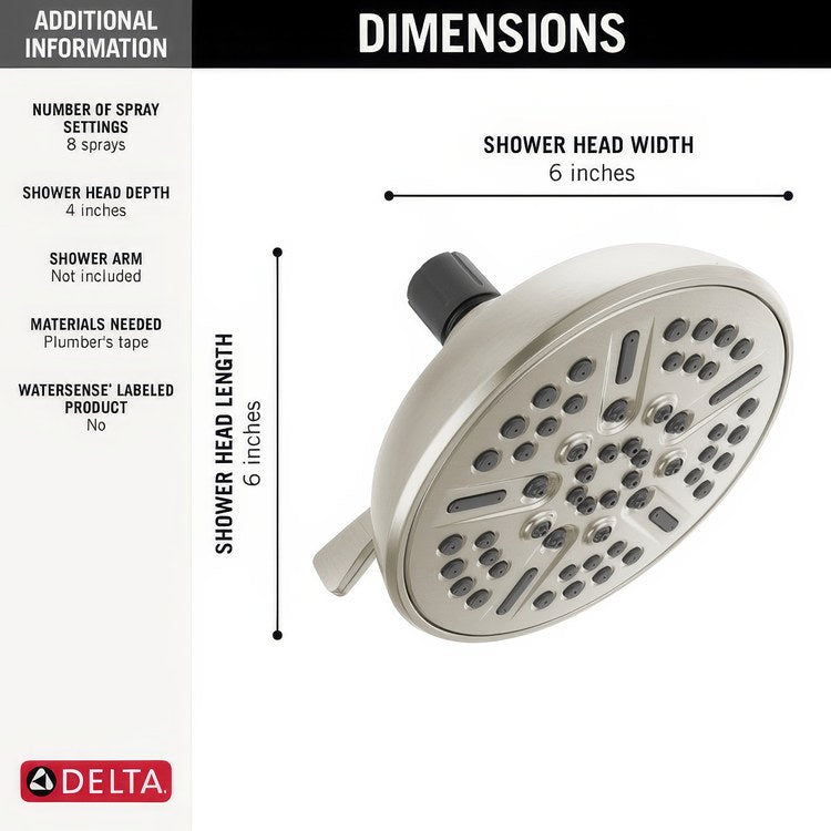 Showerhead Universal 8 Functions Satin Nickel 6 Inch 2.5 Gallons per Minute Touch-Clean - Image 3