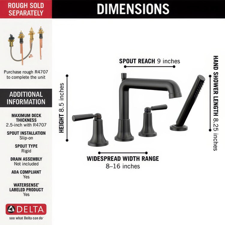 Tub Trim Saylor Deck Mount 2 Lever Matte Black WaterSense ADA 18 Gallons per Minute - Image 3