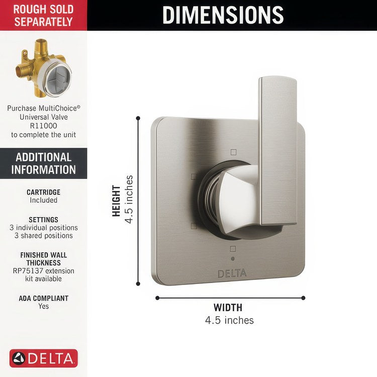 Diverter Trim Velum 3 Port 6 Functions Brilliance Stainless 1 Lever ADA - Image 3
