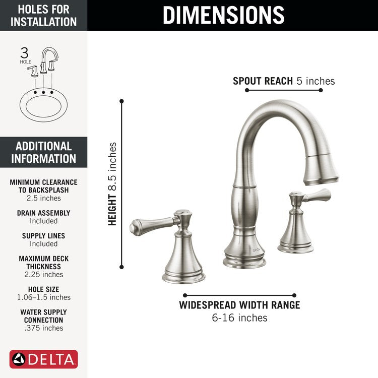 Lavatory Faucet Cassidy Widespread 6 to 16 Inch Spread 2 Lever ADA WaterSense Brilliance Stainless 1.2 Gallons per Minute Deck Arc Metal Pop-Up 3 Hole MagnaTite - Image 2