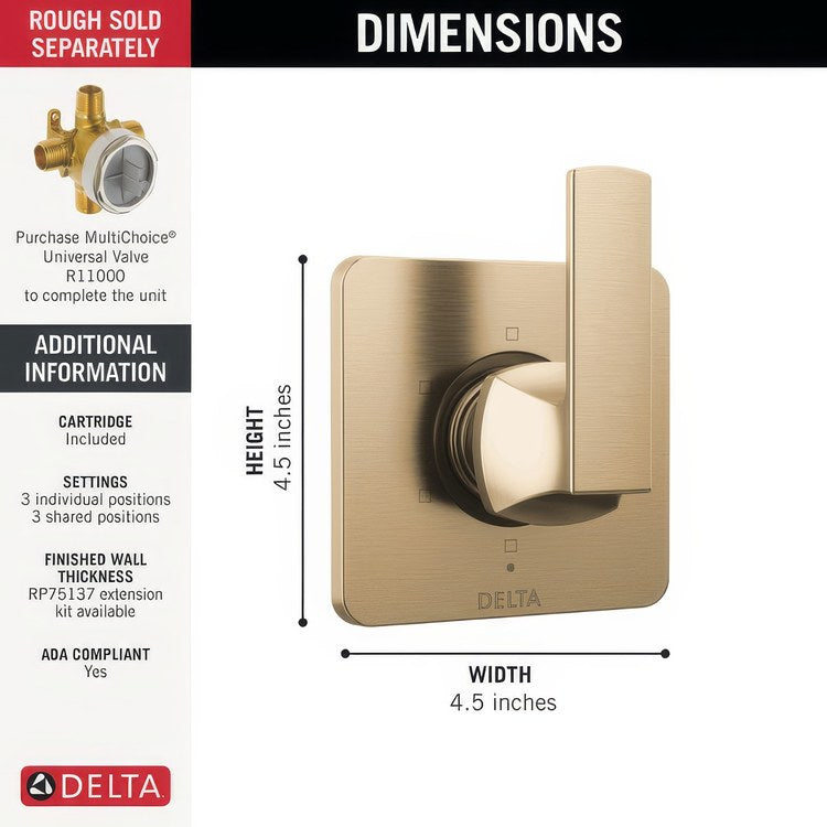 Diverter Trim Velum 3 Port 6 Functions Brilliance Champagne Bronze 1 Lever ADA - Image 2