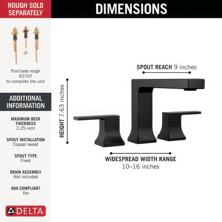 Roman Tub Trim Velum 2 Lever Matte Black ADA 10 to 16 Inch Spread 3 Hole 18 Gallons per Minute - Image 3