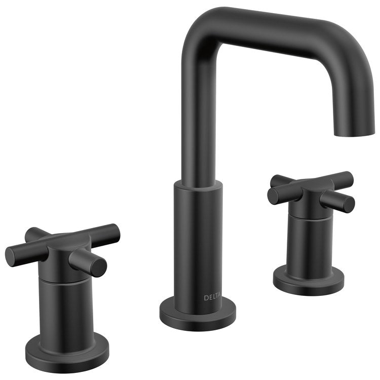 Lavatory Faucet Nicoli Widespread 6 to 16 Inch Spread 2 Cross ADA WaterSense Matte Black 1.2 Gallons per Minute Deck Fixed Pop-Up 3 Hole - Image 1