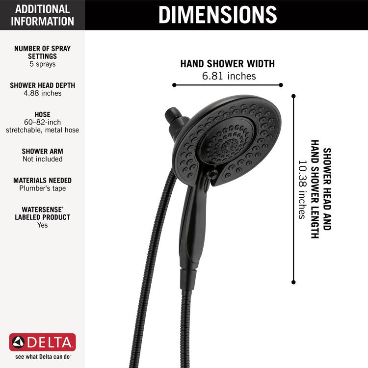 Handshower Combination Universal Showering In2ition 2-In-1 5 Functions Matte Black WaterSense 6-13/16 Inch 1.75 Gallons per Minute - Image 2