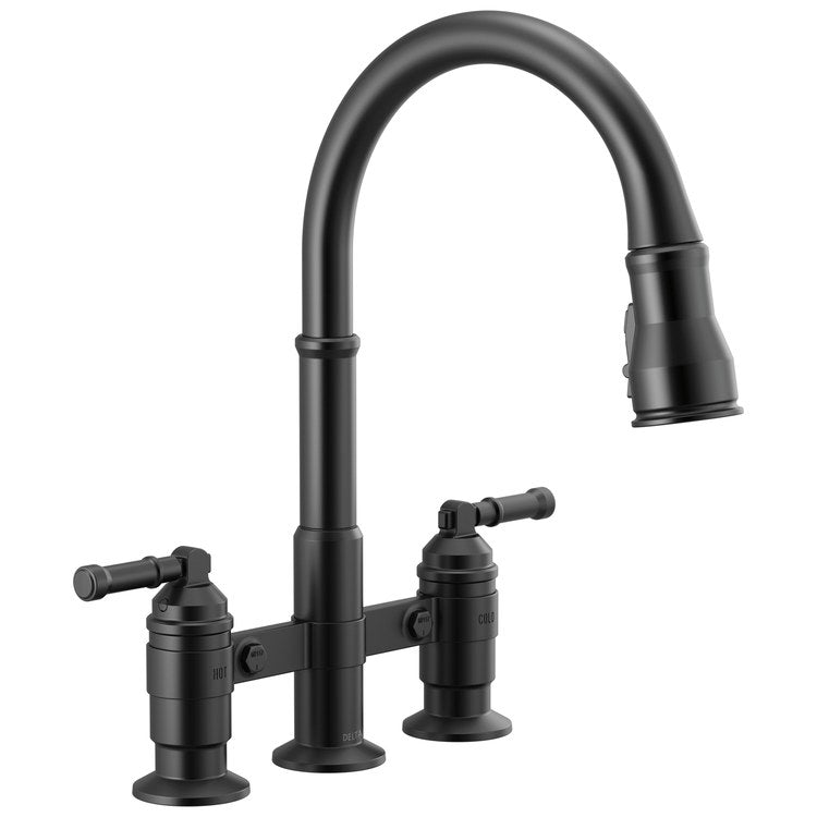 Kitchen Faucet Broderick Bridge 8 Inch Spread 2 Lever ADA Matte Black Pull Down High Arc 360 DEG Swivel 3 Hole ShieldSpray/MagnaTite 1.8 Gallons per Minute - Image 1