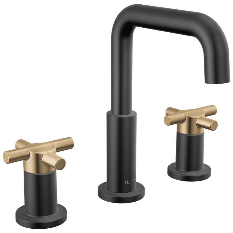 Lavatory Faucet Nicoli Widespread 6 to 16 Inch Spread 2 Cross ADA WaterSense Matte Black/Champagne Bronze 1.2 Gallons per Minute Deck Fixed Pop-Up 3 Hole - Image 1