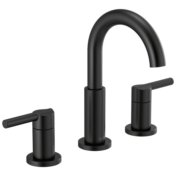 Lavatory Faucet Nicoli Widespread 6 to 16 Inch Spread 2 Lever ADA WaterSense Matte Black 1.2 Gallons per Minute Deck Fixed Pop-Up 3 Hole - Image 1