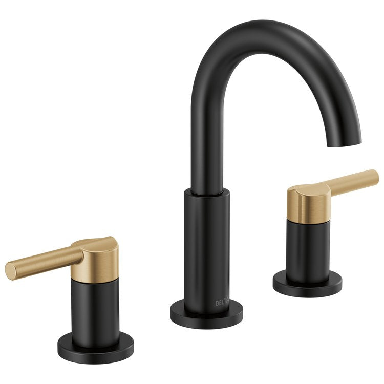 Lavatory Faucet Nicoli Widespread 6 to 16 Inch Spread 2 Lever ADA WaterSense Matte Black/Champagne Bronze 1.2 Gallons per Minute Deck Fixed Pop-Up 3 Hole - Image 1