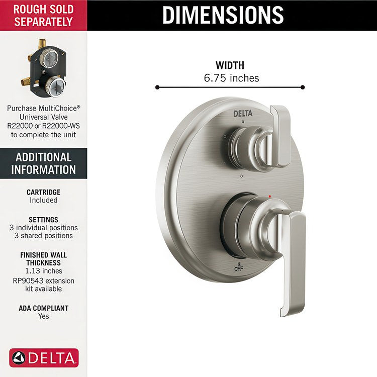 Diverter Trim Tetra 14 Series Integrated 6 Functions Lumicoat Stainless 2 Lever ADA - Image 2