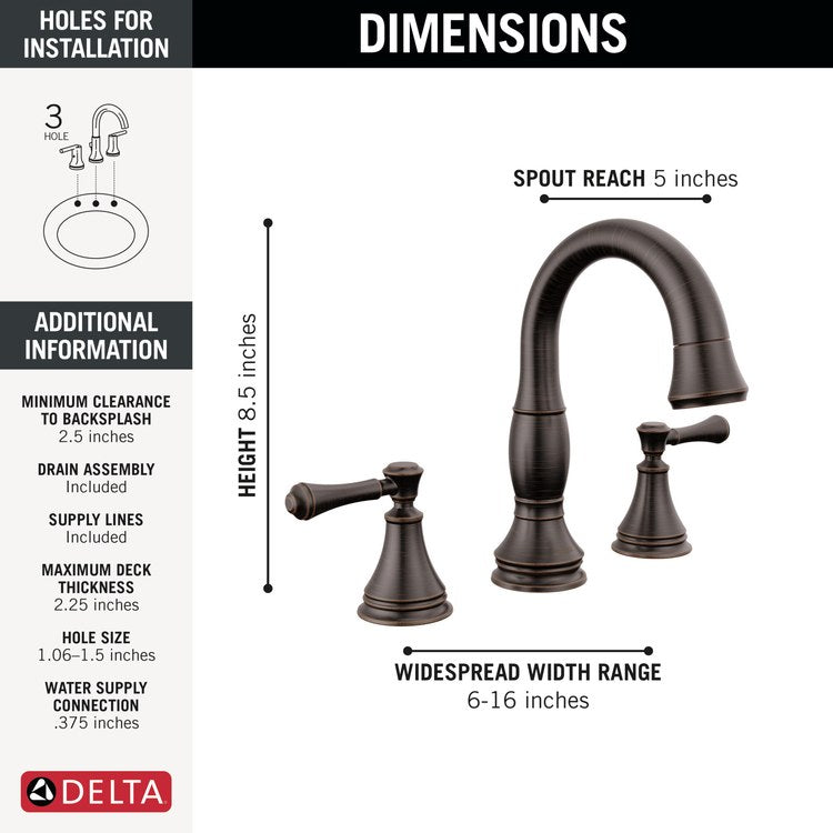 Lavatory Faucet Cassidy Widespread 6 to 16 Inch Spread 2 Lever ADA WaterSense Venetian Bronze 1.2 Gallons per Minute Deck Arc Metal Pop-Up 3 Hole MagnaTite - Image 2