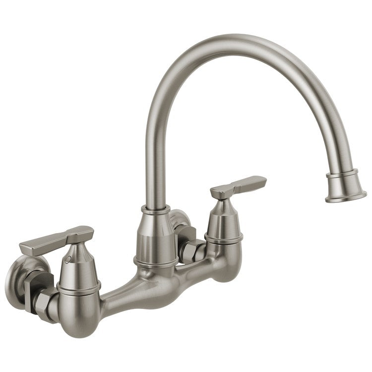 Kitchen Faucet Corin 8 Inch Spread 2 Lever ADA Brilliance Stainless High Arc 360 DEG Swivel 2 Hole Wall 1.8 Gallons per Minute