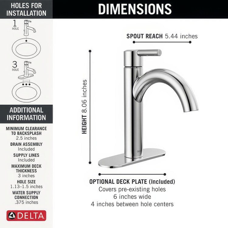 Lavatory Faucet Nicoli 1 Lever ADA WaterSense Chrome 1.2 Gallons per Minute Deck Mount Fixed Pop-Up 1 Hole - Image 3