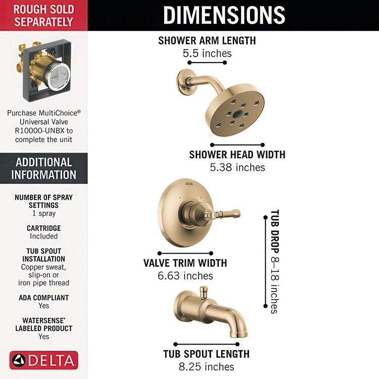 Tub and Shower Trim Broderick 17T 1 Lever Lumicoat Champagne Bronze ADA 1.75 Gallons per Minute - Image 3