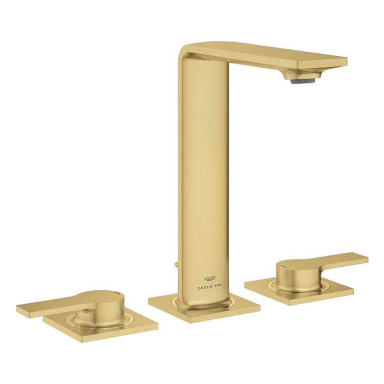 Lavatory Faucet Allure New Medium Widespread 8 Inch Spread 2 Lever ADA WaterSense/CALGreen/cUPC Brushed Cool Sunrise 1.2 Gallons per Minute Deck 3 Hole EcoJoy