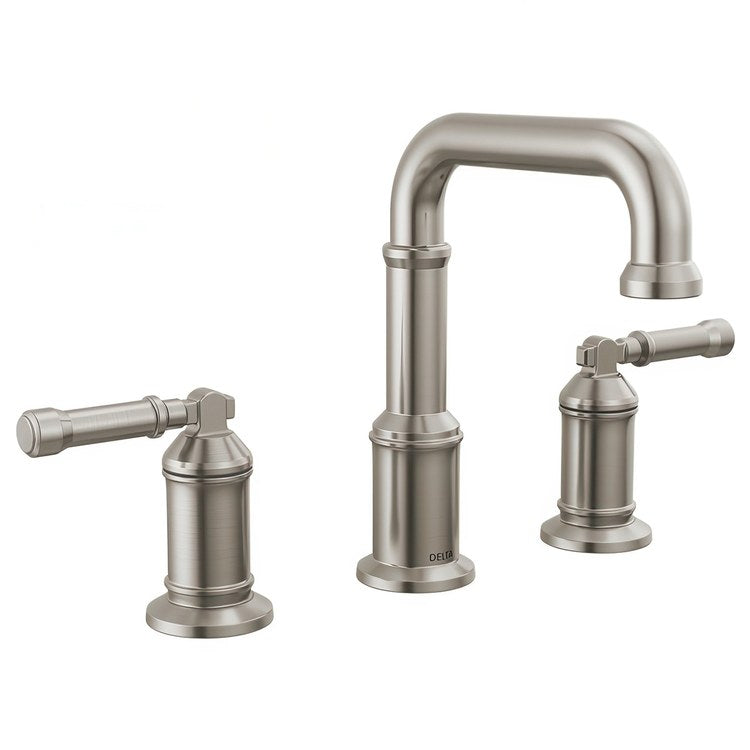 Lavatory Faucet Broderick Widespread 4 to 16 Inch Spread 2 Lever ADA WaterSense Lumicoat Stainless 1.2 Gallons per Minute Pop-Up 3 Hole