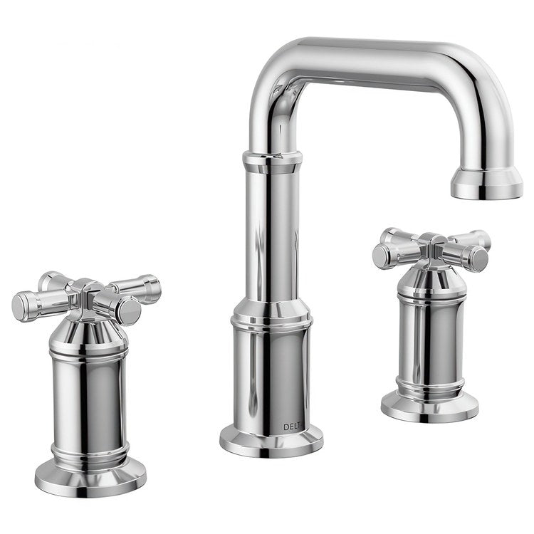 Lavatory Faucet Broderick Widespread 4 to 16 Inch Spread 2 Cross ADA WaterSense Lumicoat Polished Chrome 1.2 Gallons per Minute Pop-Up 3 Hole