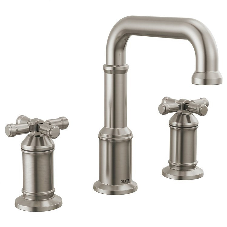 Lavatory Faucet Broderick Widespread 4 to 16 Inch Spread 2 Cross ADA WaterSense Lumicoat Stainless Steel 1.2 Gallons per Minute Pop-Up 3 Hole