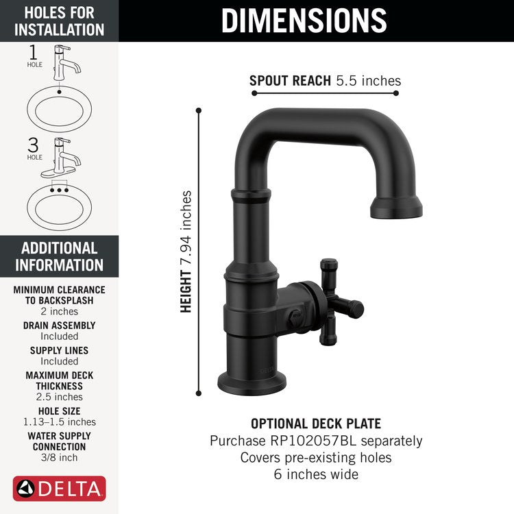 Lavatory Faucet Broderick 1 Cross WaterSense Matte Black 1.2 Gallons per Minute Deck Pop-Up 1 Hole - Image 2