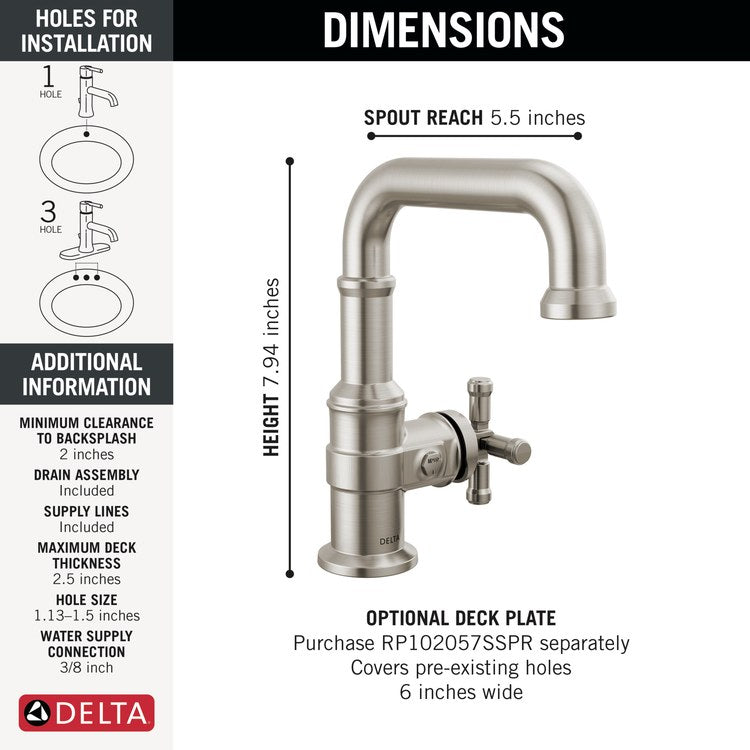 Lavatory Faucet Broderick 1 Cross WaterSense Lumicoat Stainless 1.2 Gallons per Minute Deck Pop-Up 1 Hole - Image 2