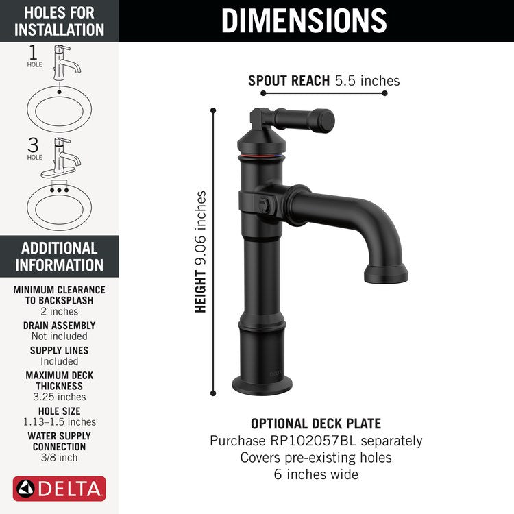 Lavatory Faucet Broderick 1 Lever ADA WaterSense Matte Black 1.2 Gallons per Minute Less Drain 1 Hole - Image 2