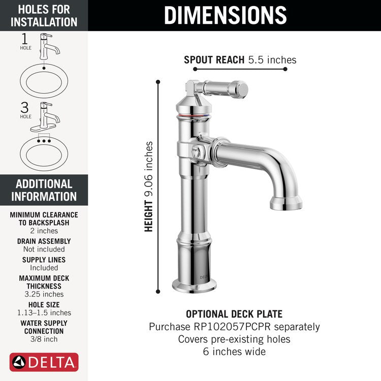 Lavatory Faucet Broderick 1 Lever ADA WaterSense Lumicoat Polished Chrome 1.2 Gallons per Minute Less Drain 1 Hole - Image 2