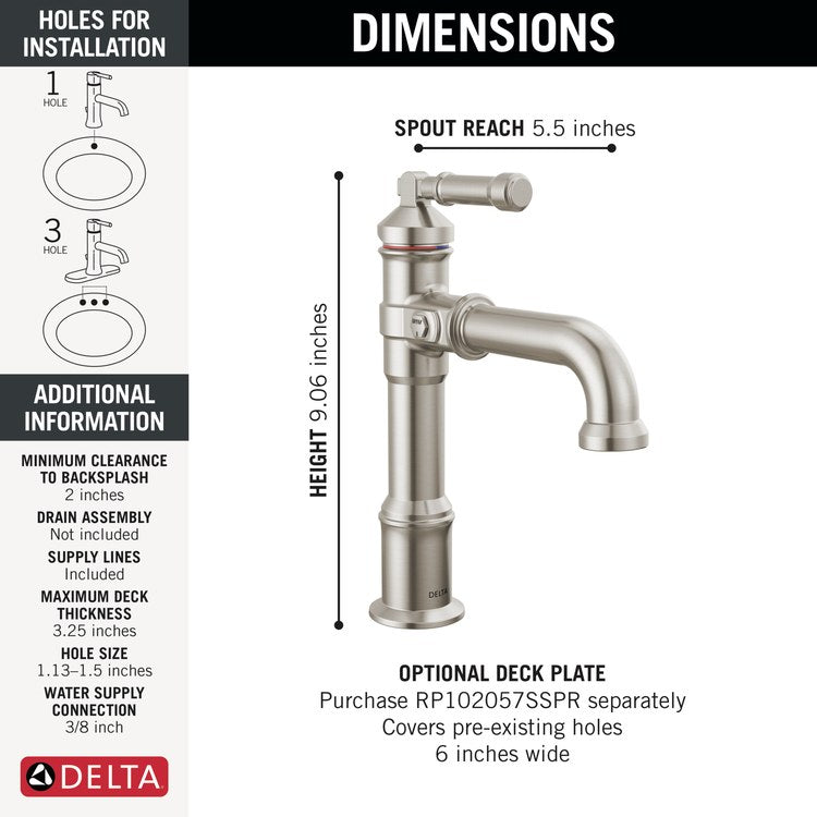 Lavatory Faucet Broderick 1 Lever ADA WaterSense Lumicoat Stainless Steel 1.2 Gallons per Minute Less Drain 1 Hole - Image 2