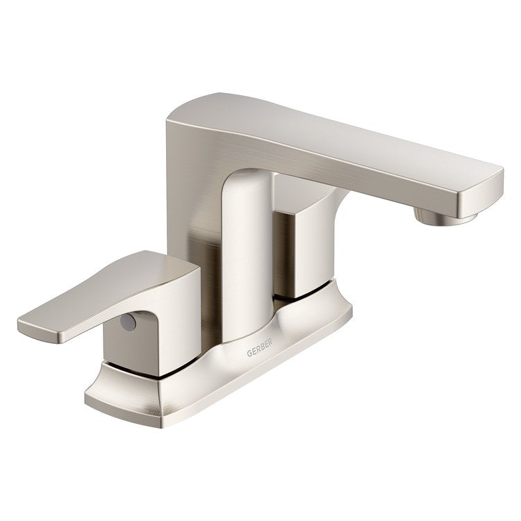 Lavatory Faucet Tribune Centerset 4 Inch Spread 2 Lever ADA WaterSense CEC Brushed Nickel 1.2 Gallons per Minute 50/50 Pop-Up 3 Hole