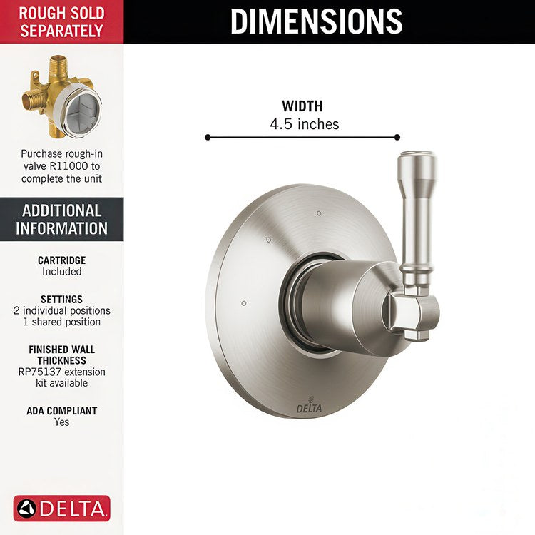 Diverter Trim Broderick 3 Setting Lumicoat Stainless Steel 1 Lever ADA - Image 2