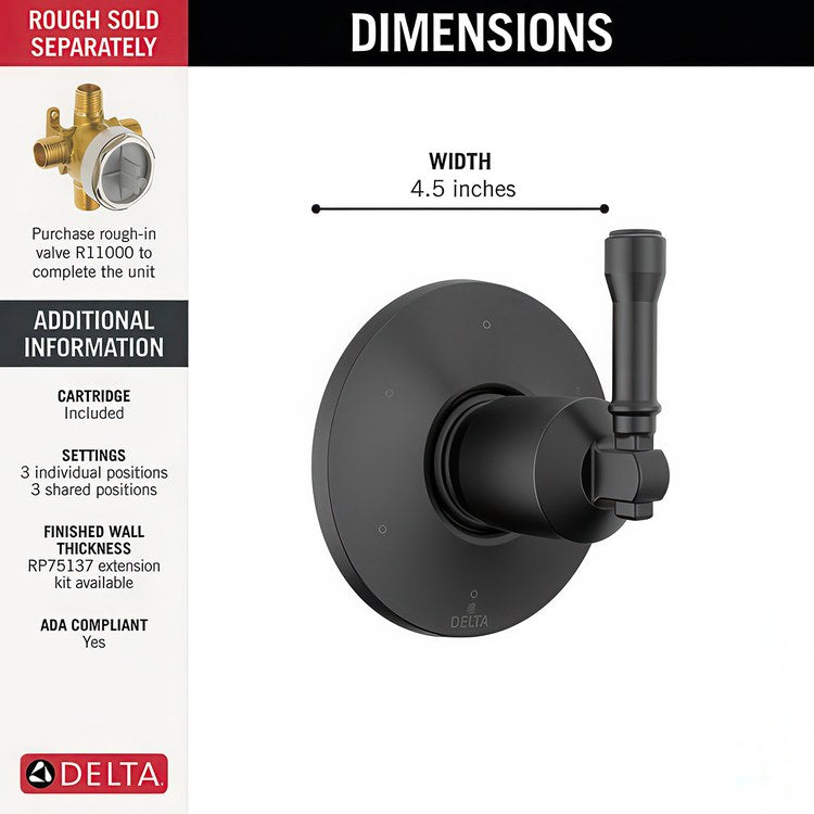 Diverter Trim Broderick 6 Setting Matte Black 1 Lever ADA - Image 2