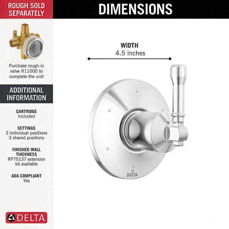 Diverter Trim Broderick 6 Setting Lumicoat Polished Chrome 1 Lever ADA for 6 Setting Diverter Rough - Image 2