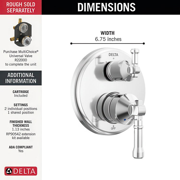 Diverter Trim Broderick 14 Series 3 Setting Lumicoat Polished Chrome 2 Lever ADA for 3 Setting Diverter Rough - Image 2