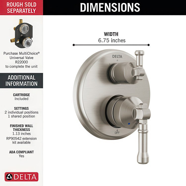 Diverter Trim Broderick 14 Series 3 Setting Lumicoat Stainless Steel 2 Lever ADA for 3 Setting Diverter Rough - Image 2