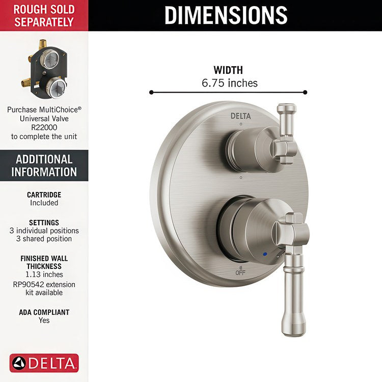 Diverter Trim Broderick 14 Series 6 Setting Lumicoat Stainless Steel 2 Lever ADA for 6 Setting Diverter Rough - Image 2