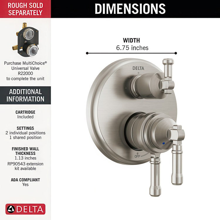 Diverter Trim Broderick 17 Series 3 Setting Lumicoat Stainless Steel 3 Lever ADA for 3 Setting Diverter Rough - Image 2