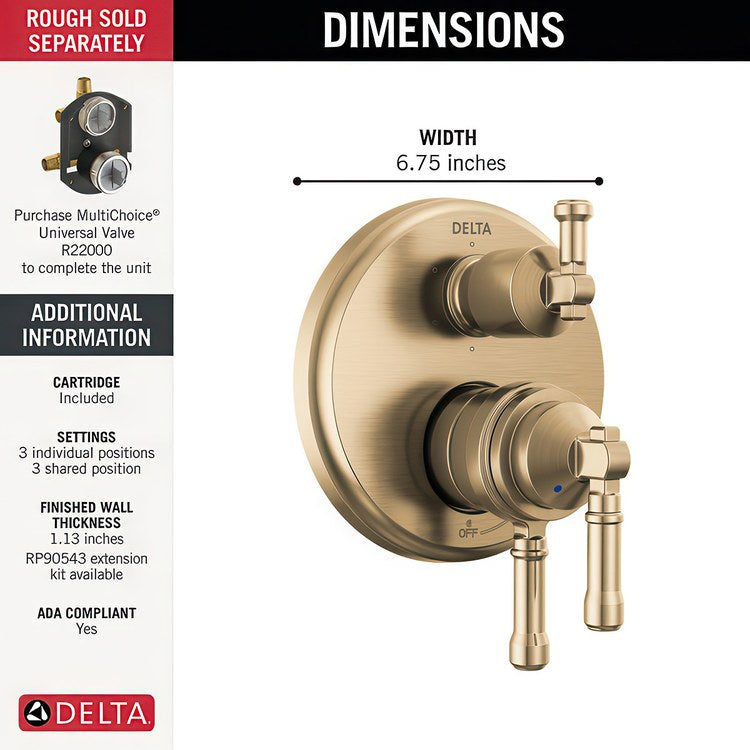 Diverter Trim Broderick 17 Series 6 Setting Lumicoat Champagne Bronze 3 Lever ADA for 6 Setting Diverter Rough - Image 2