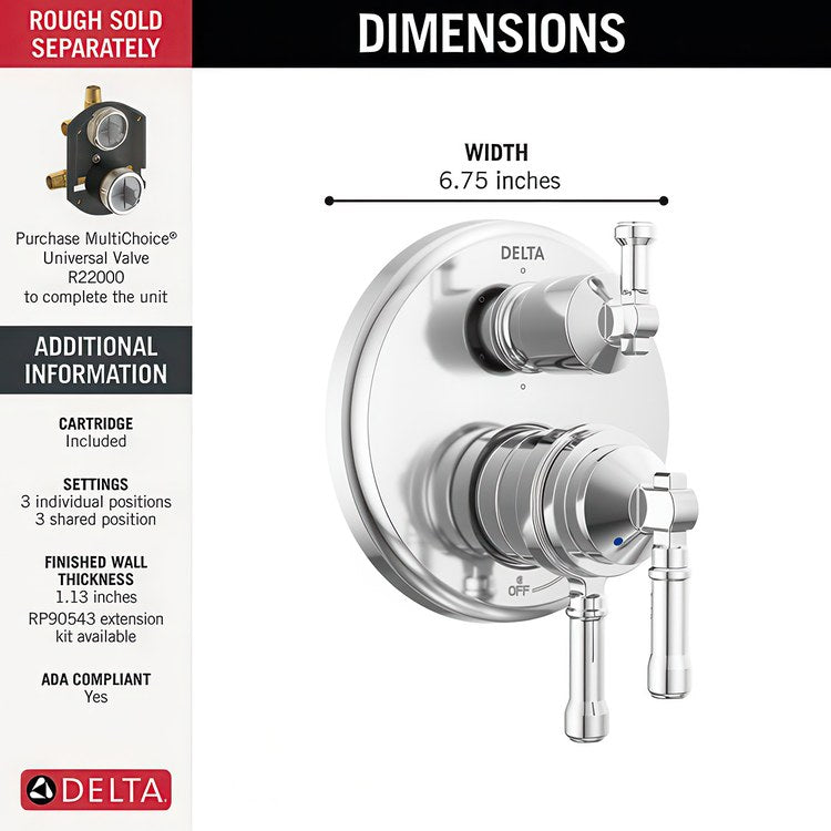 Diverter Trim Broderick 17 Series 6 Setting Lumicoat Polished Chrome 3 Lever ADA for 6 Setting Diverter Rough - Image 2