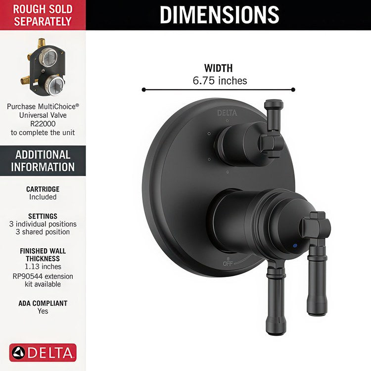 Diverter Trim Broderick 17T Series 6 Setting Matte Black 3 Lever ADA for 6 Setting Diverter Rough - Image 2