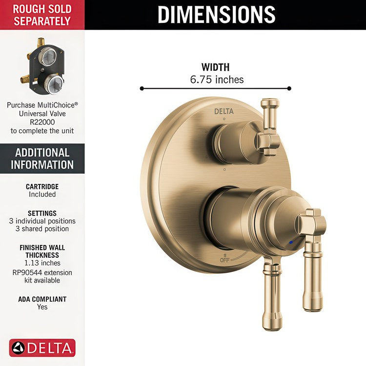 Diverter Trim Broderick 17T Series 6 Setting Lumicoat Champagne Bronze 3 Lever ADA for 6 Setting Diverter Rough - Image 2
