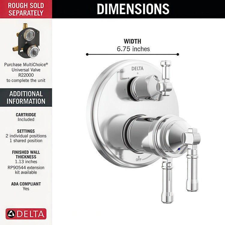 Diverter Trim Broderick 17T Series 3 Setting Lumicoat Polished Chrome 3 Lever ADA - Image 2