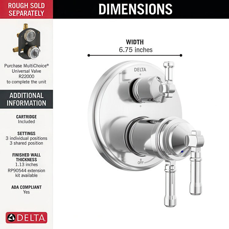 Diverter Trim Broderick 17T Series 6 Setting Lumicoat Polished Chrome 3 Lever ADA - Image 2