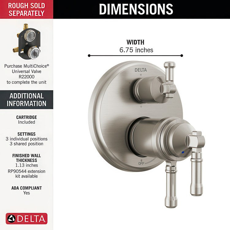 Diverter Trim Broderick 17T Series 6 Setting Lumicoat Stainless Steel 3 Lever ADA - Image 2