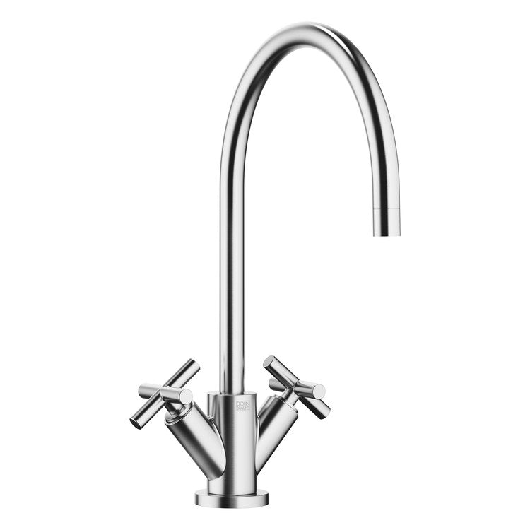 Kitchen Faucet TARA Deck Mount Mixer 2 Cross ADA Brushed Chrome Swivel 360DEG 1 Hole 1.5 Gallons per Minute