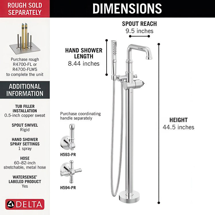 Tub Filler Broderick Floor Mount Less Handle Lumicoat Polished Chrome - Image 2