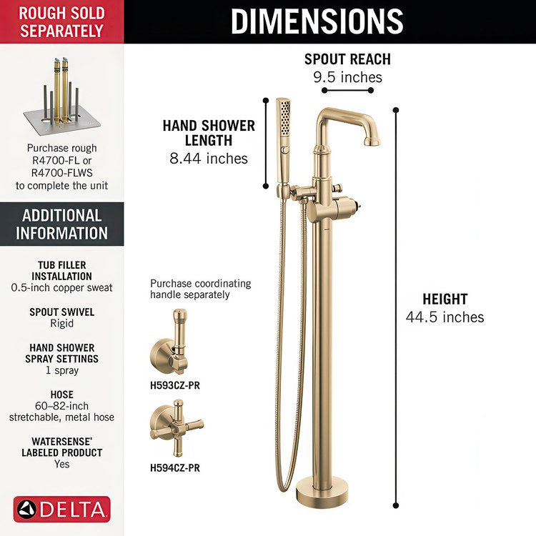 Tub Filler Broderick Floor Mount Less Handle Lumicoat Champagne Bronze - Image 2
