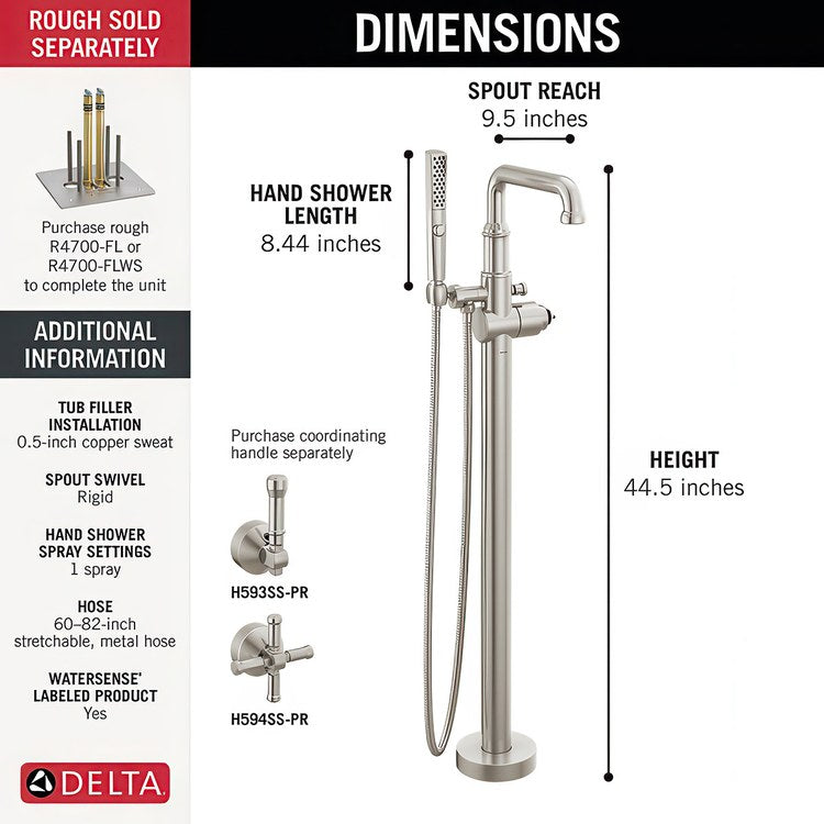 Tub Filler Broderick Floor Mount Less Handle Lumicoat Stainless Steel - Image 2