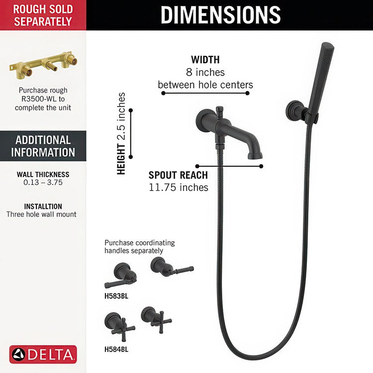 Tub Filler Broderick Wall Mount 8 Inch Spread Less Handle Matte Black - Image 2